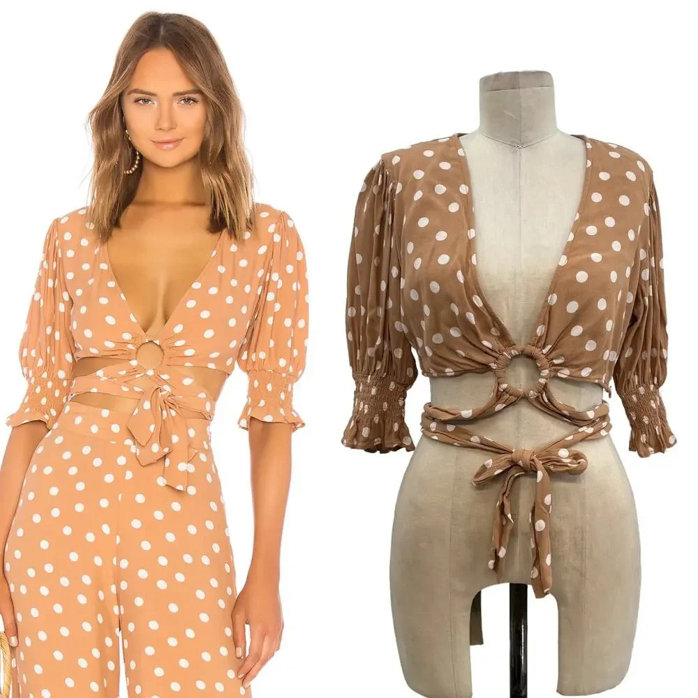 Tularosa Nanette Blouse Latte Beige Polka Dot Crop Tie Wrap Size Medium‎